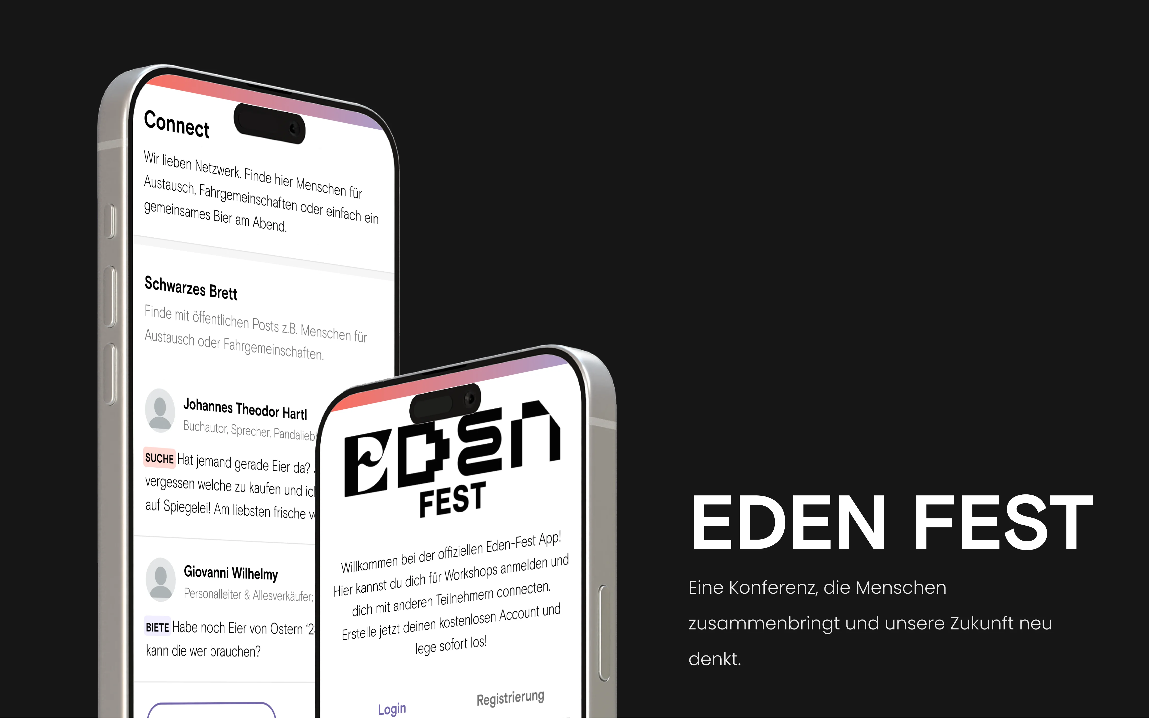 Eden-App Screenshots in einem iPhone-Rahmen.