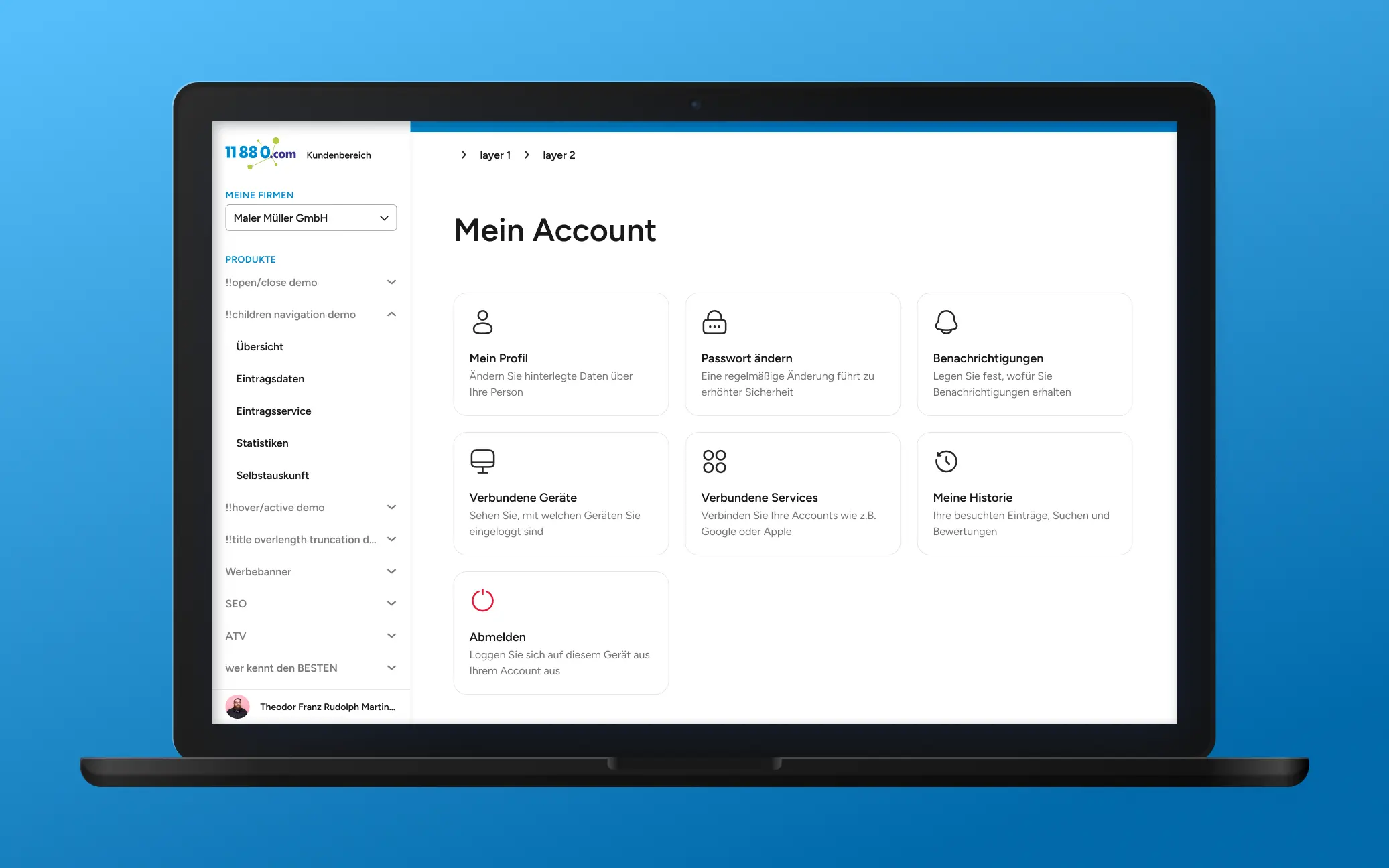 Screenshot des Kundenbereichs in einem Laptop-Rahmen
